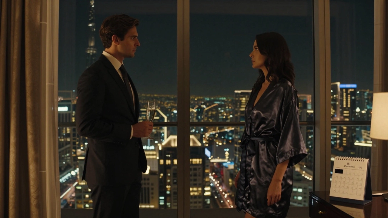 A man in a luxury Dubai hotel room, overlooking the city, while a woman stands silently by the door, face turned away.