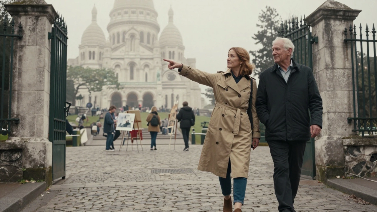 A woman and man walking peacefully through Montmartre at dawn, sharing a silent moment.