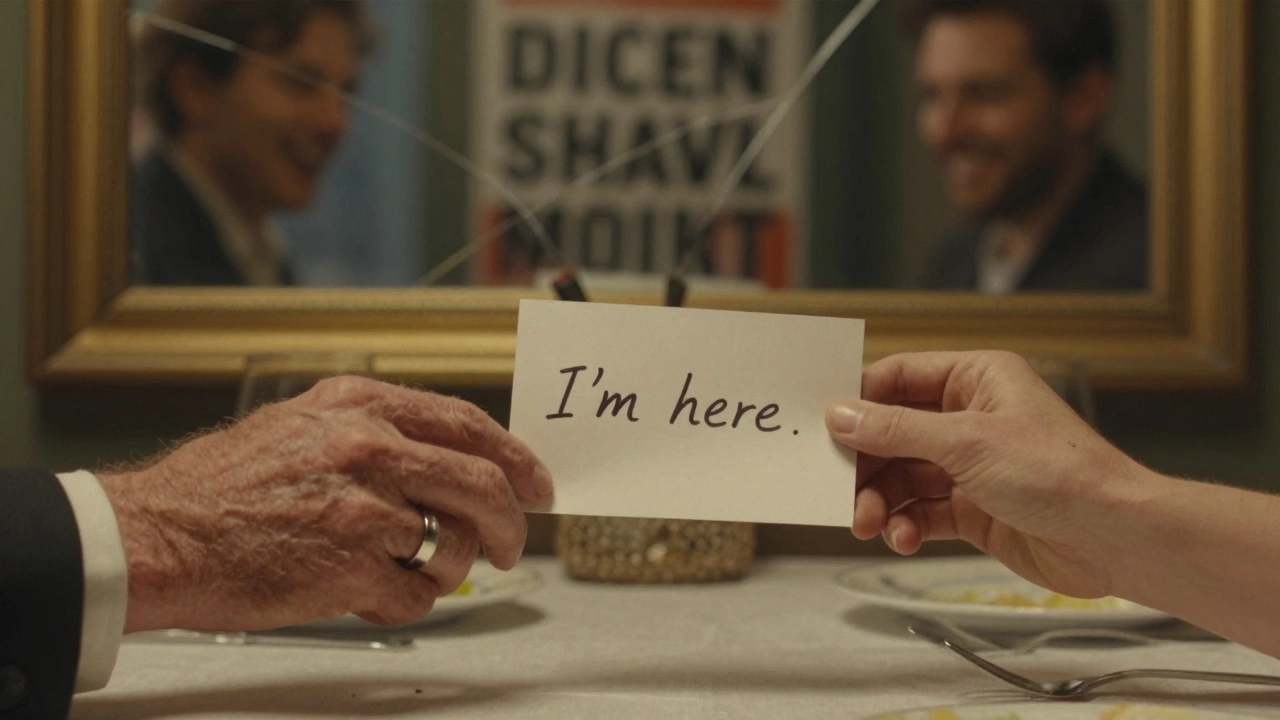 Two hands reaching across a table—one holding a wedding ring, the other offering a note—as ghostly reflections of objectification flicker in a broken mirror.